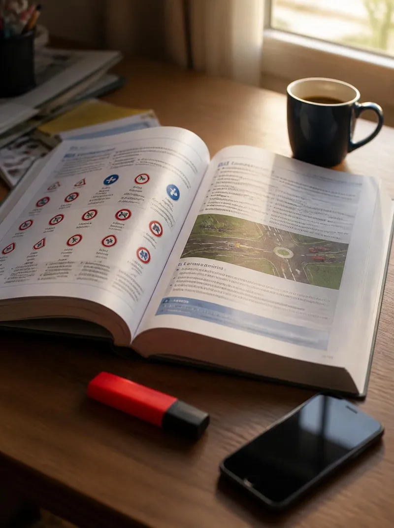 Livre du code de la route ouvert sur un bureau, avec surligneur et téléphone