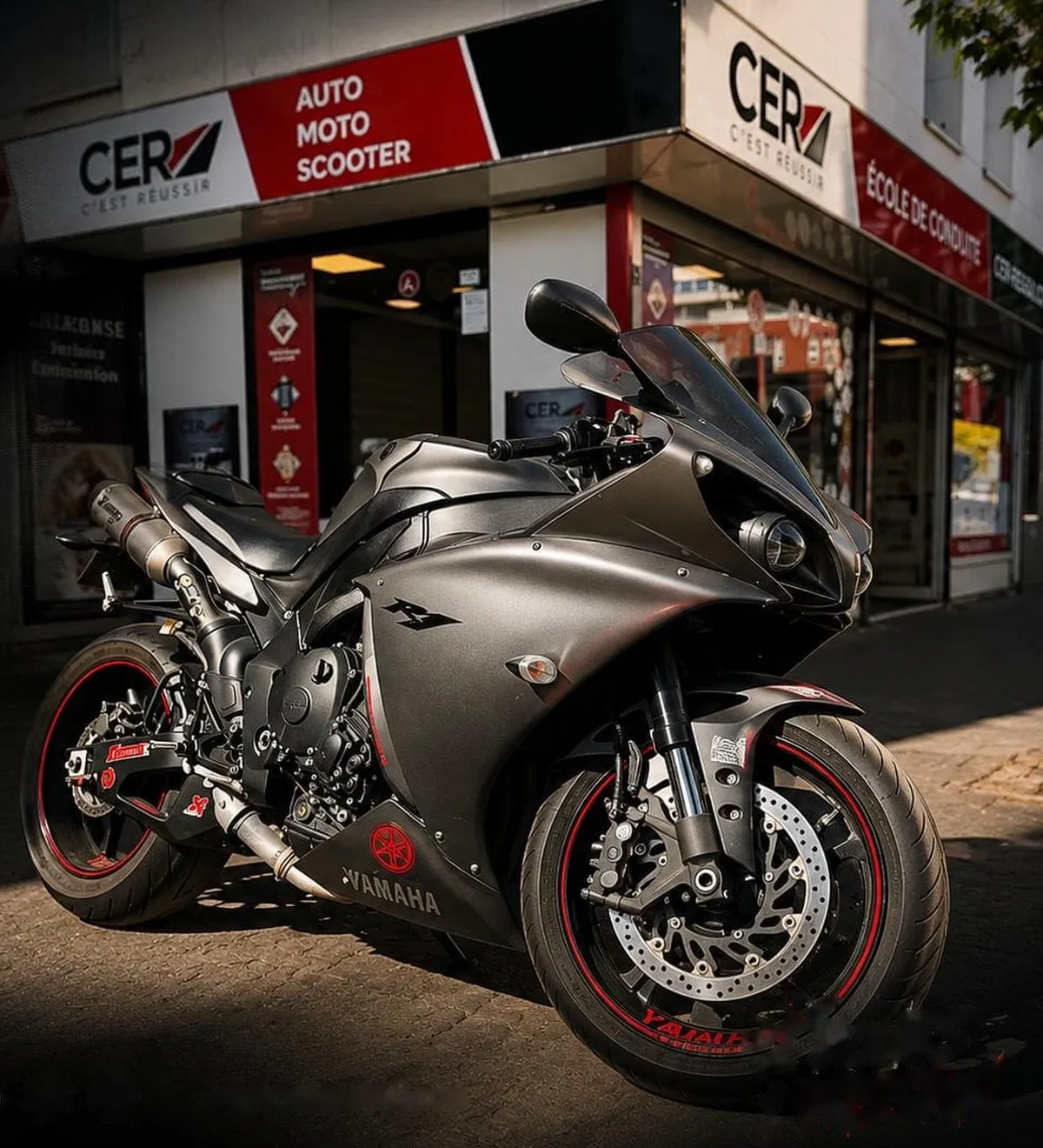 Moto sportive garée devant la boutique CER Église de Colombes