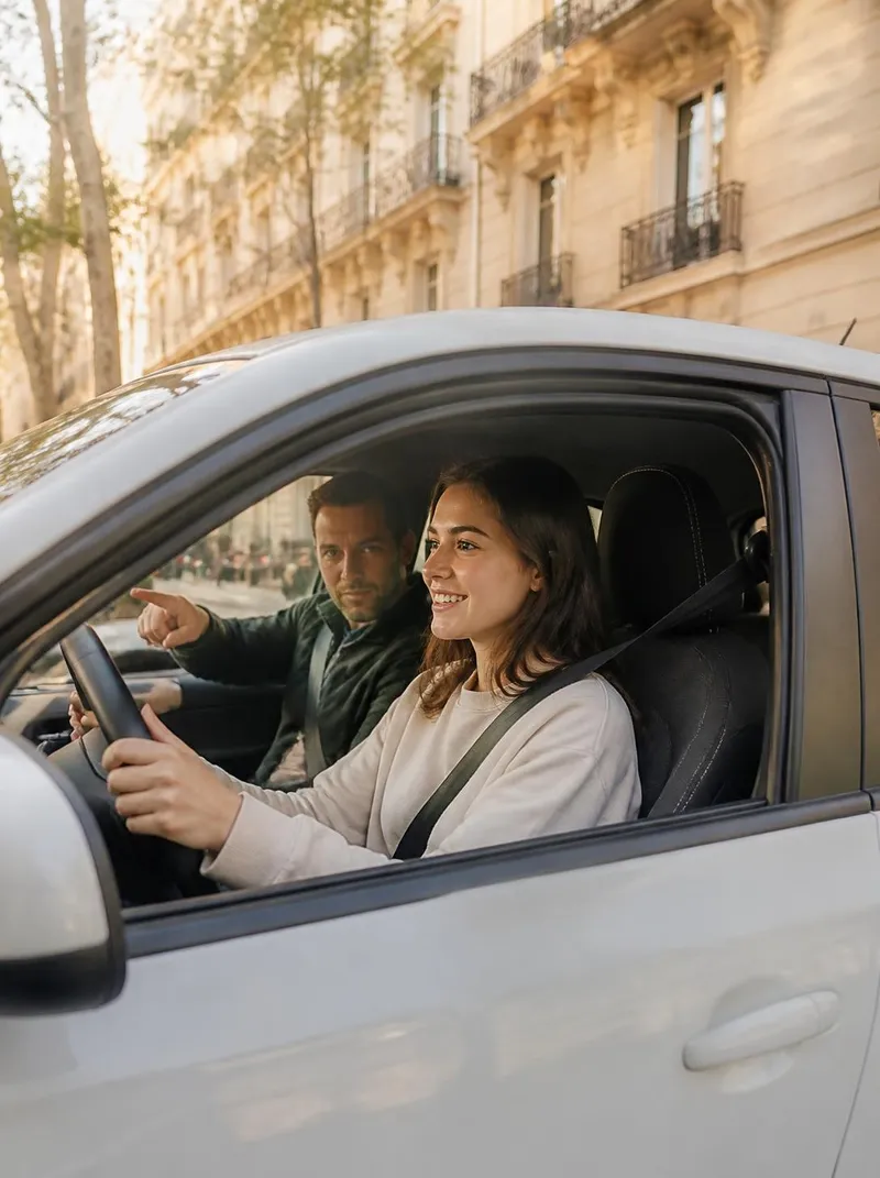 Une élève souriante au volant d’une voiture blanche, sa monitrice à ses côtés